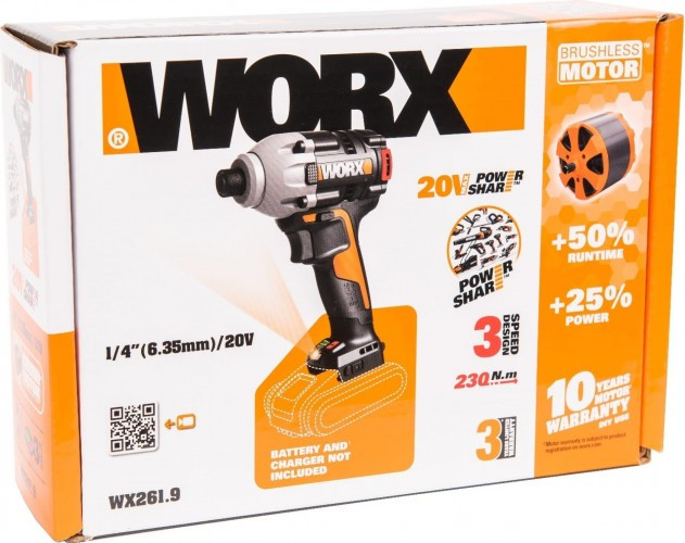 Гайковерт аккумуляторный Worx WX261.9 без АКБ и ЗУ ударный, бесщеточный WX261.9