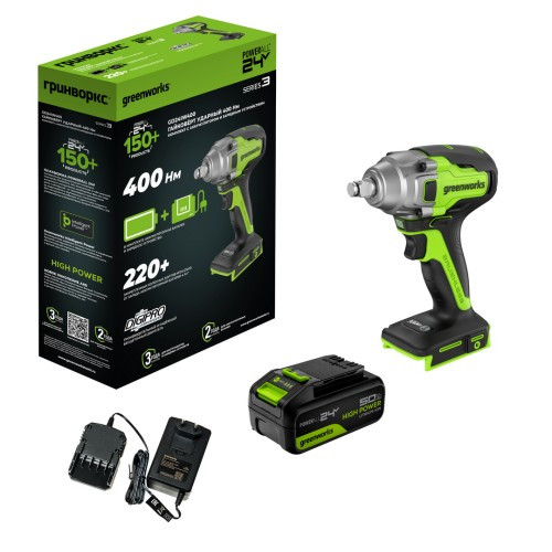 Гайковерт аккумуляторный GREENWORKS GD24IW400 ударный, 24V, АКБ 5Ач и ЗУ 3802907CUG